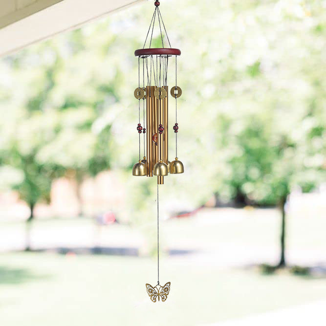 Bronze Fortune Wind Chime — 4-Tube Solid Wood & Metal Courtyard Decor