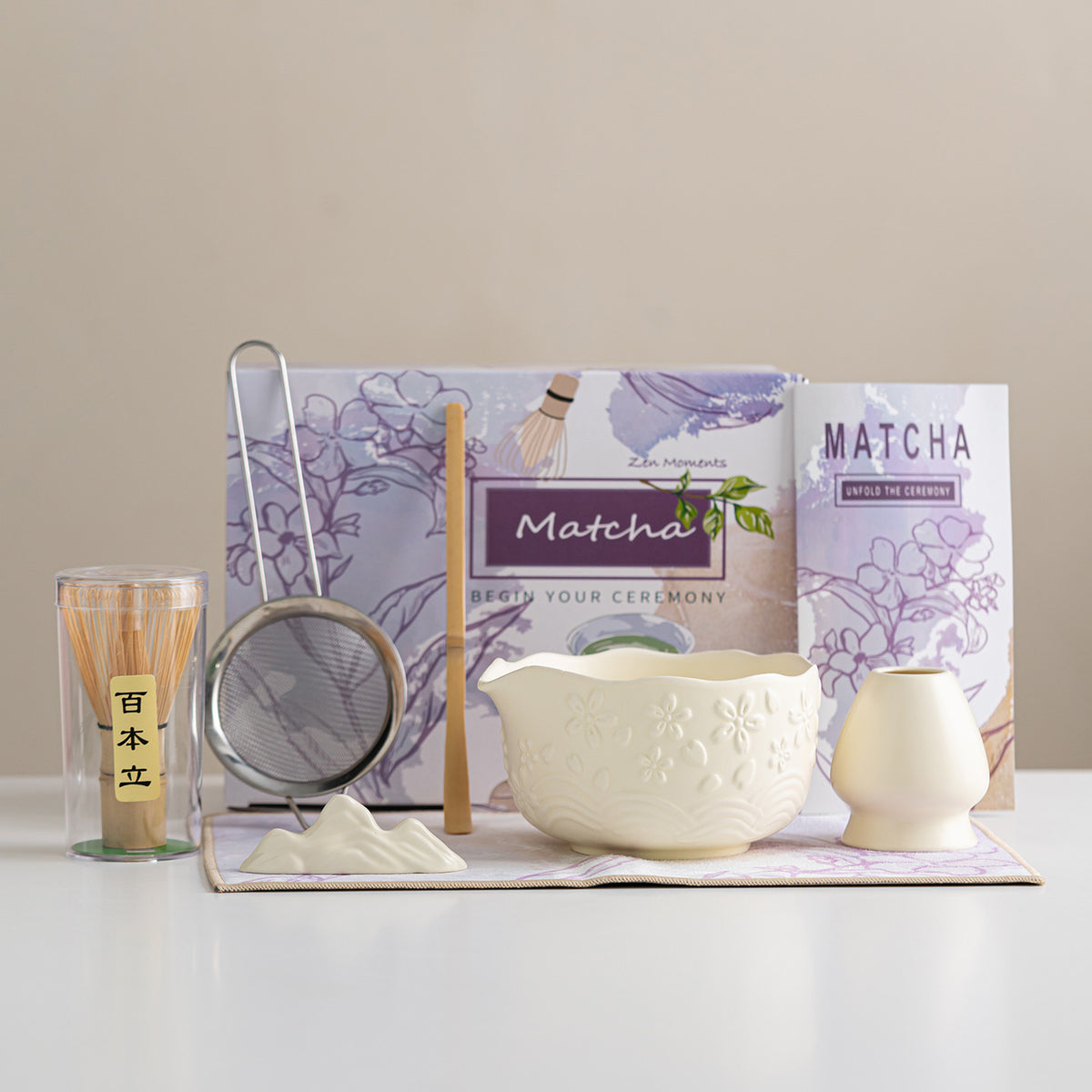 Cherry Blossom Matcha Bowl Set — 7-Piece Embossed Ceramic Tea Set