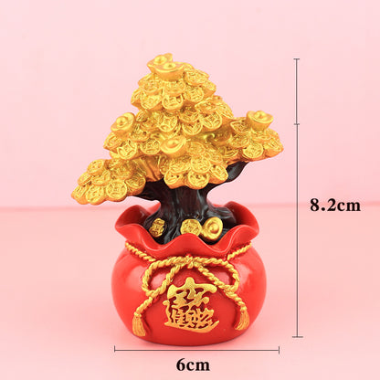 Chinese Fortune Tree Resin Ornament — Lucky Ingot & Treasure Bowl Desk Decor