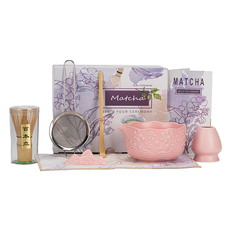 Cherry Blossom Matcha Bowl Set — 7-Piece Embossed Ceramic Tea Set