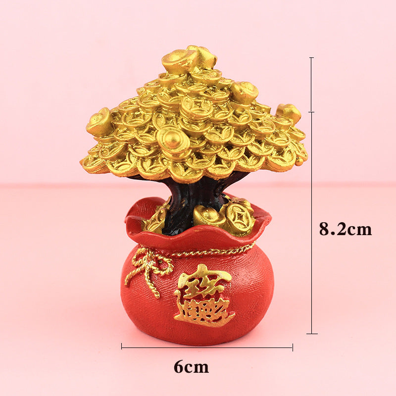 Chinese Fortune Tree Resin Ornament — Lucky Ingot & Treasure Bowl Desk Decor