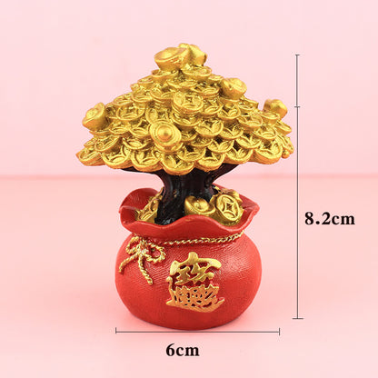 Chinese Fortune Tree Resin Ornament — Lucky Ingot & Treasure Bowl Desk Decor