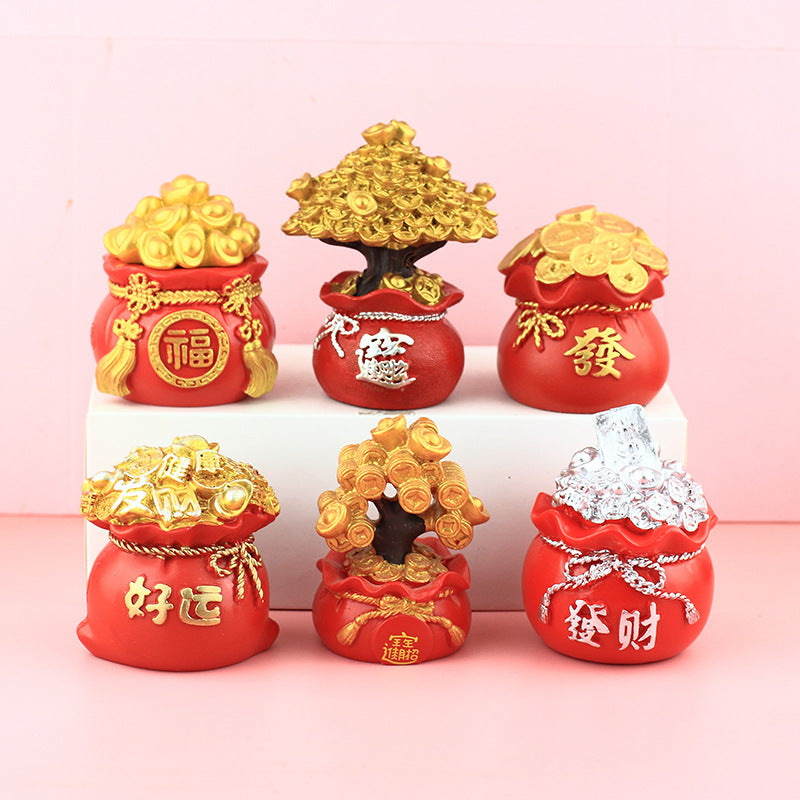 Chinese Fortune Tree Resin Ornament — Lucky Ingot & Treasure Bowl Desk Decor