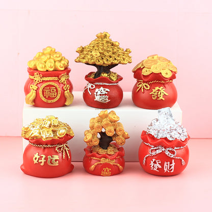 Chinese Fortune Tree Resin Ornament — Lucky Ingot & Treasure Bowl Desk Decor
