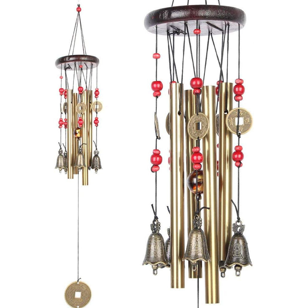 Bronze Fortune Wind Chime — 4-Tube Solid Wood & Metal Courtyard Decor