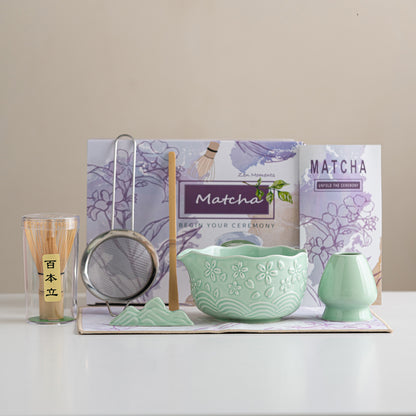 Cherry Blossom Matcha Bowl Set — 7-Piece Embossed Ceramic Tea Set