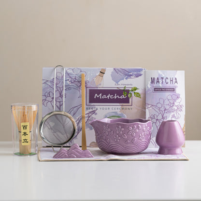 Cherry Blossom Matcha Bowl Set — 7-Piece Embossed Ceramic Tea Set