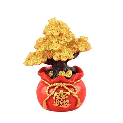 Chinese Fortune Tree Resin Ornament — Lucky Ingot & Treasure Bowl Desk Decor