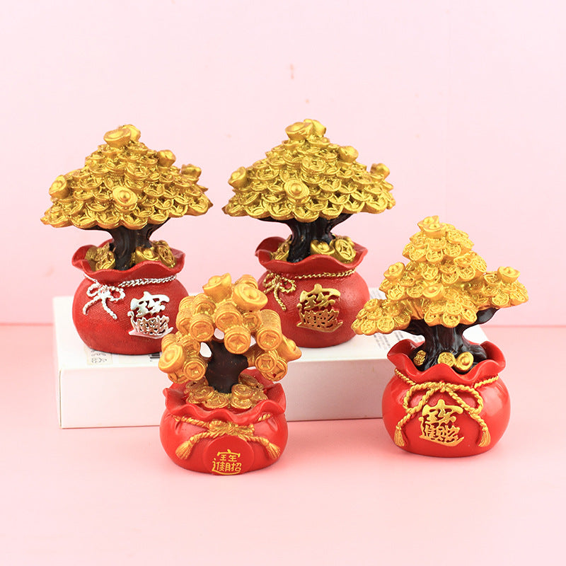 Chinese Fortune Tree Resin Ornament — Lucky Ingot & Treasure Bowl Desk Decor