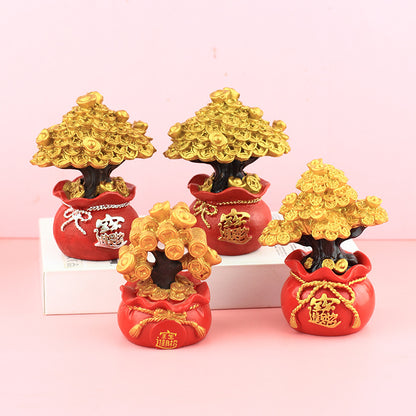 Chinese Fortune Tree Resin Ornament — Lucky Ingot & Treasure Bowl Desk Decor