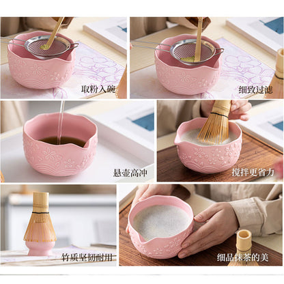 Cherry Blossom Matcha Bowl Set — 7-Piece Embossed Ceramic Tea Set