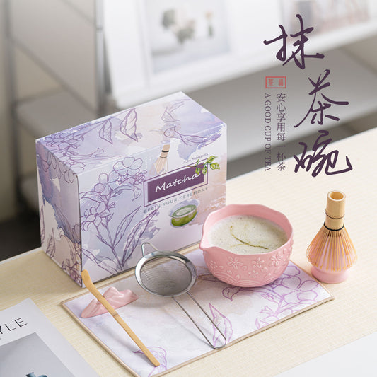 Cherry Blossom Matcha Bowl Set — 7-Piece Embossed Ceramic Tea Set