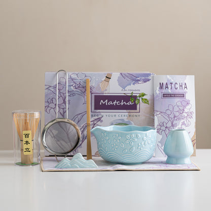 Cherry Blossom Matcha Bowl Set — 7-Piece Embossed Ceramic Tea Set