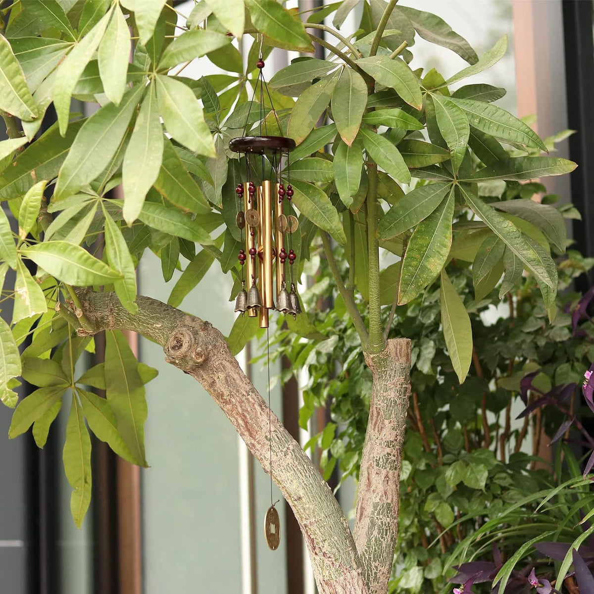 Bronze Fortune Wind Chime — 4-Tube Solid Wood & Metal Courtyard Decor