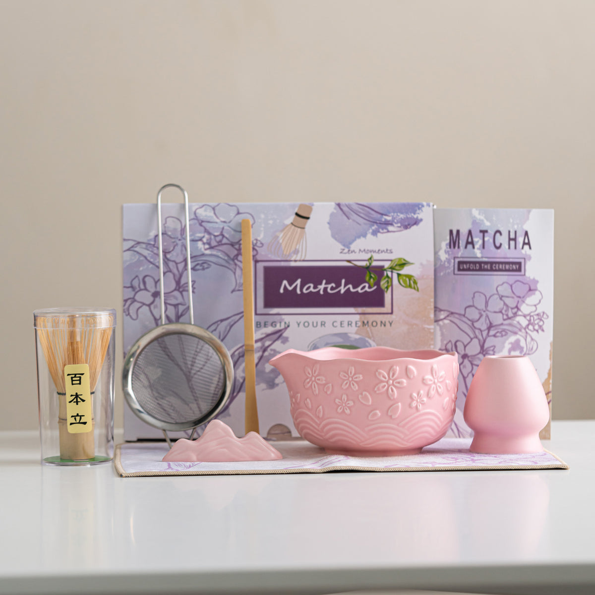 Cherry Blossom Matcha Bowl Set — 7-Piece Embossed Ceramic Tea Set
