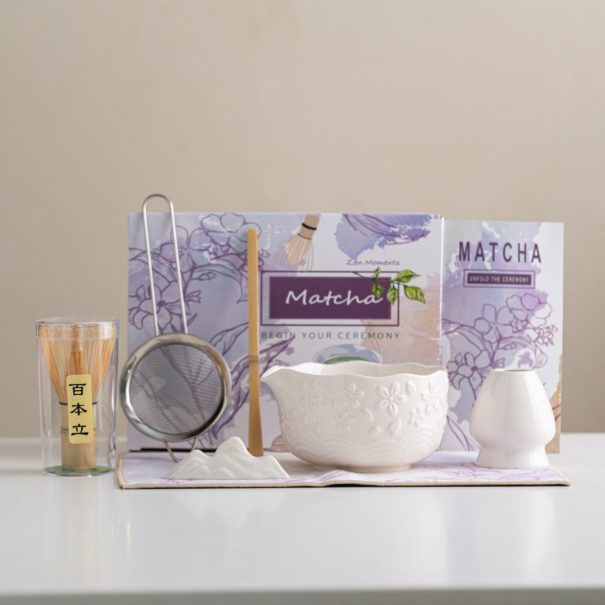 Cherry Blossom Matcha Bowl Set — 7-Piece Embossed Ceramic Tea Set