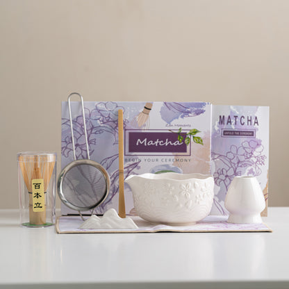 Cherry Blossom Matcha Bowl Set — 7-Piece Embossed Ceramic Tea Set