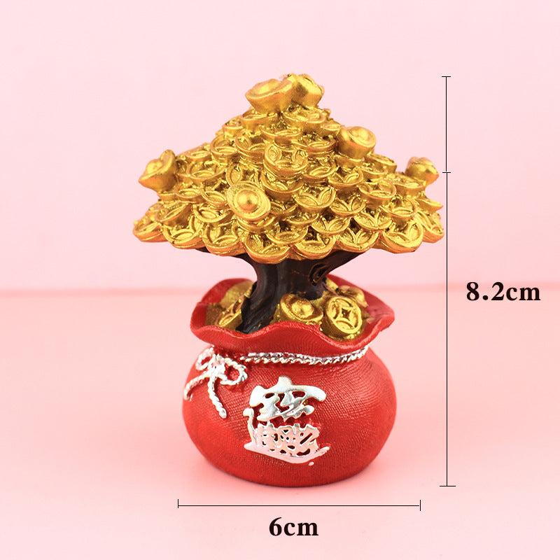 Chinese Fortune Tree Resin Ornament — Lucky Ingot & Treasure Bowl Desk Decor