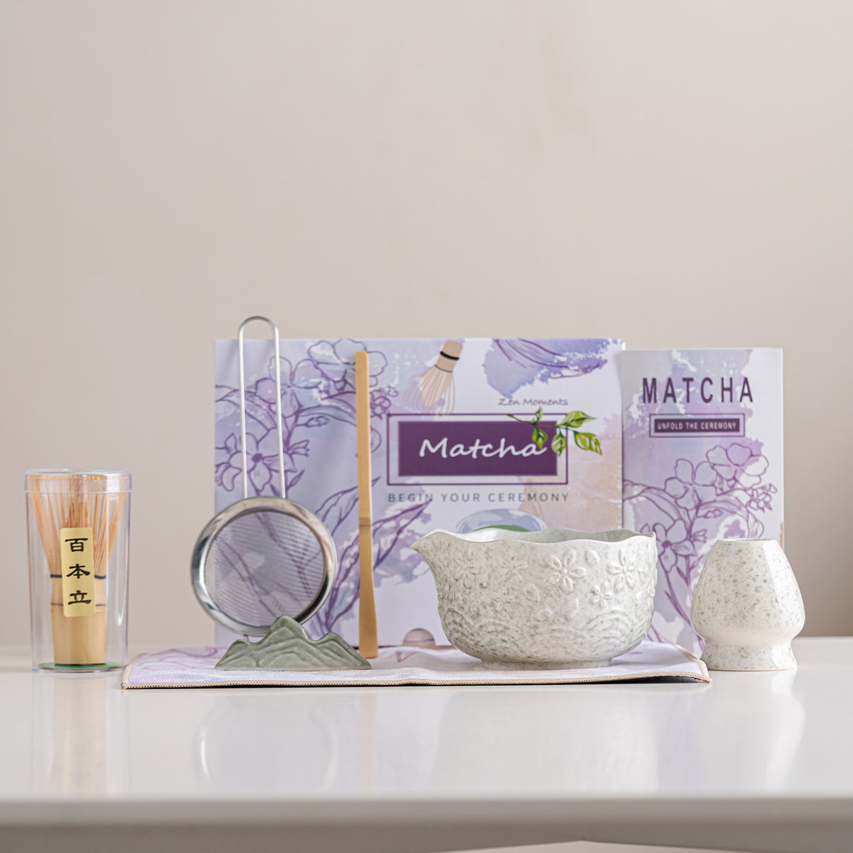 Cherry Blossom Matcha Bowl Set — 7-Piece Embossed Ceramic Tea Set