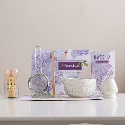 Cherry Blossom Matcha Bowl Set — 7-Piece Embossed Ceramic Tea Set