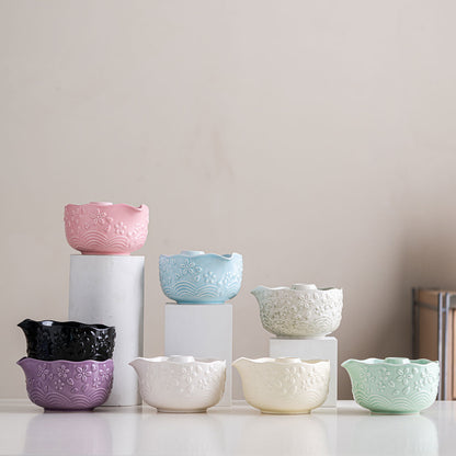 Cherry Blossom Matcha Bowl Set — 7-Piece Embossed Ceramic Tea Set