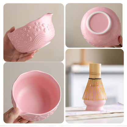 Cherry Blossom Matcha Bowl Set — 7-Piece Embossed Ceramic Tea Set